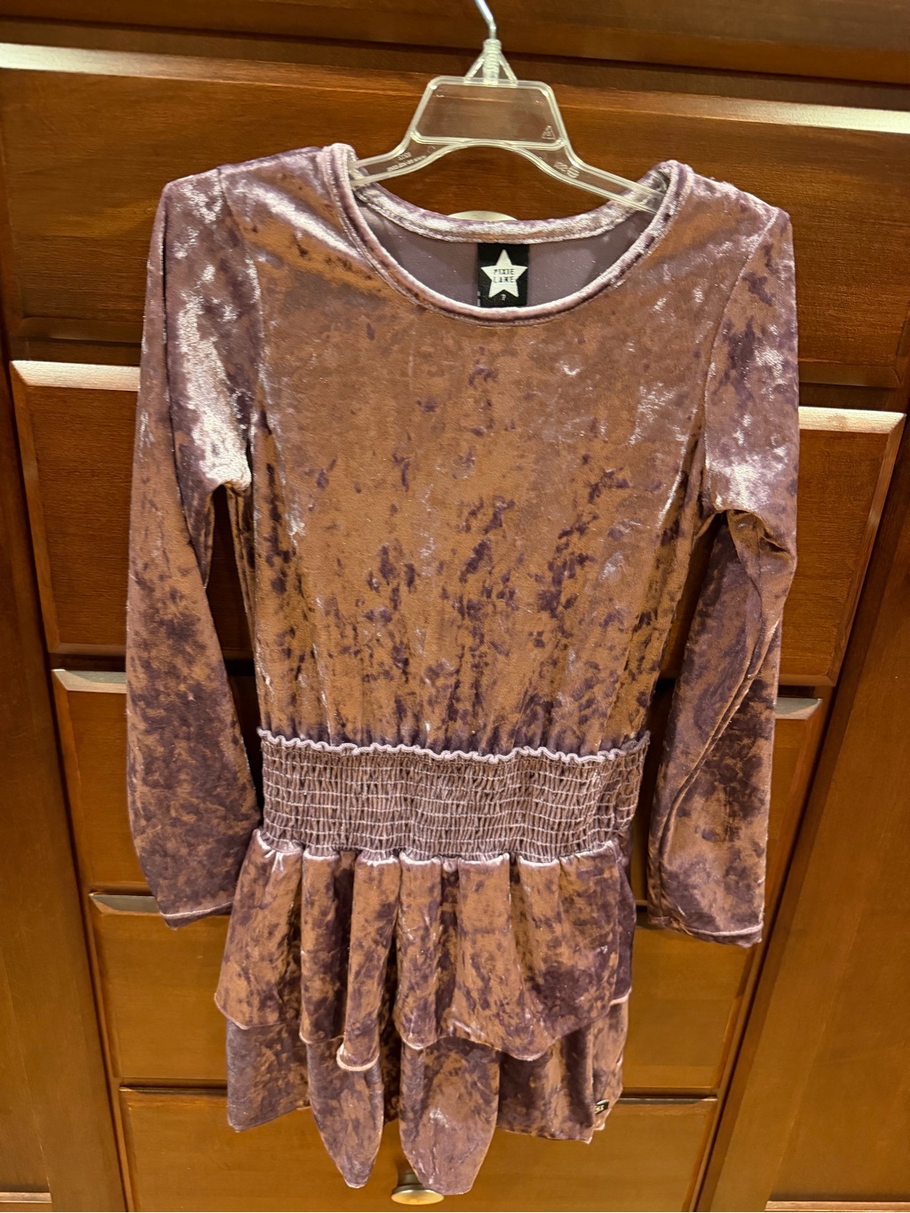 Children's Velvet Long-Sleeve Peplum Dress - Mauve
